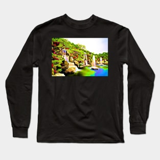 Azalea Waterfall Garden Green Aesthetic Retro Landscape Long Sleeve T-Shirt